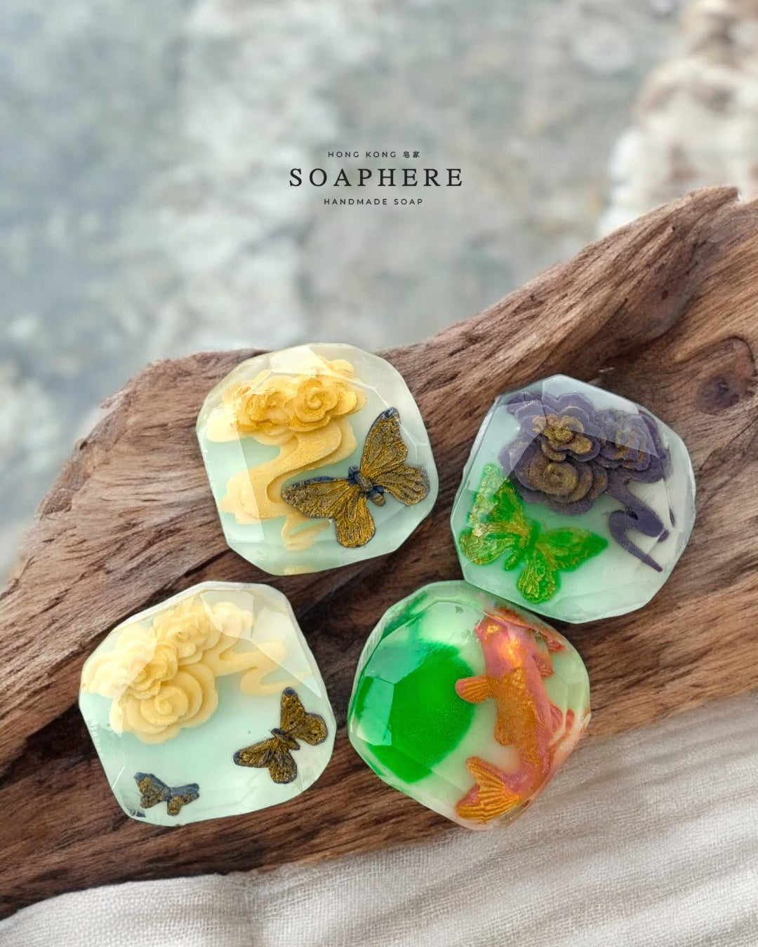 Colorful soap sculptures with embedded Hong Kong elements